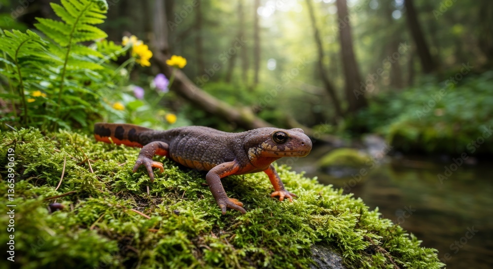 Obraz premium Rough-skinned Newt on Mossy Log Near Stream in Forest Habitat 