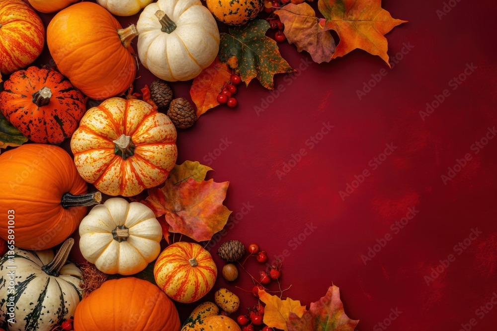 A vibrant autumn themed composition with a deep red background featuring pumpkins gourds and fall foliage arranged with berries and acorns for seasonal charm A vibrant autumn themed composition with a deep red background featuring pumpkins gourds and fall foliage arranged with berries and acorns for seasonal charm