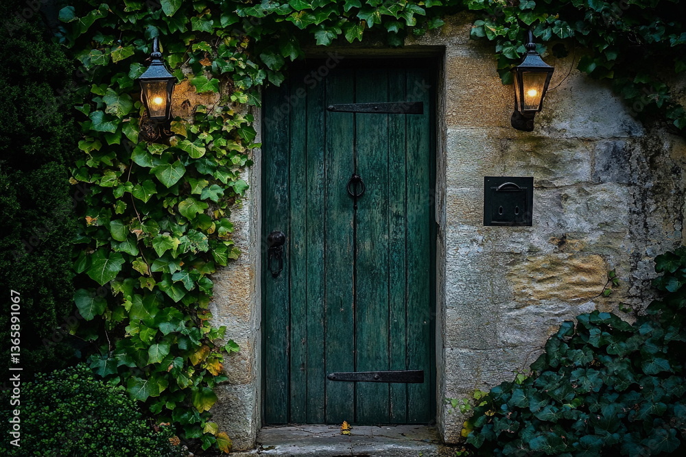 Fototapeta premium Old house with lush ivy and green rustic door. Perfect for blog banners, editorial stories, nature retreats, secret hideaways, and slow lifestyle visuals.