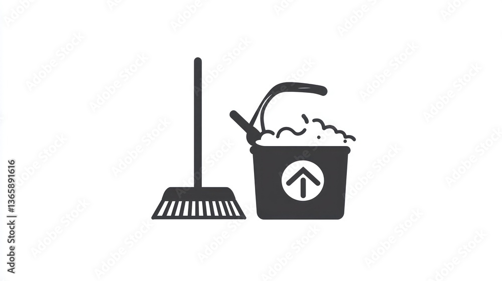 Fototapeta premium Cleaning supplies broom and soapy bucket, ready for housework