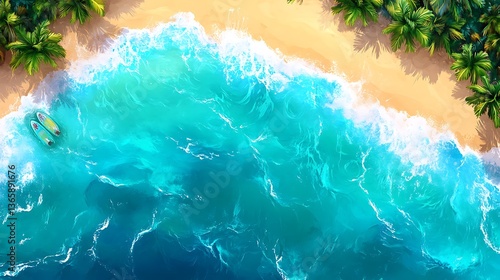 Illustrative beach paradise with azure water, surfboards, and palm trees