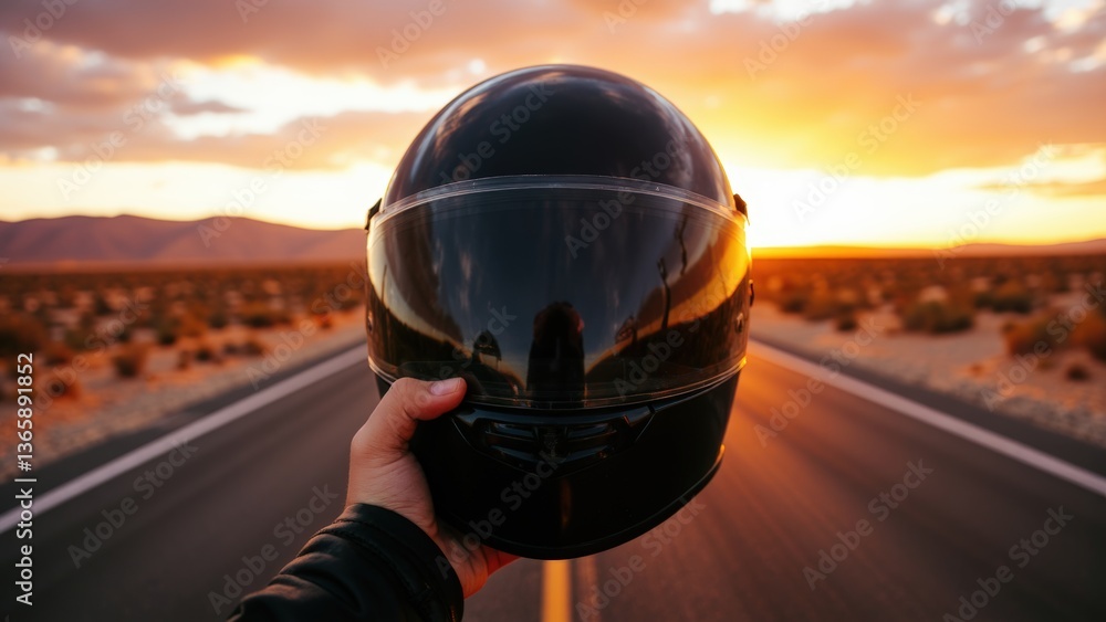 Fototapeta premium A Motorcycle Helmet Held in Hand Against a Scenic Sunset Road Trip Backdrop