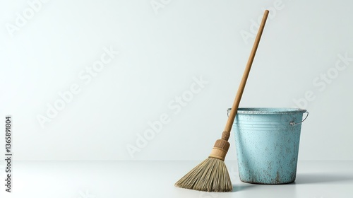 Broom leaning against blue bucket, clean background, cleaning supplies, housework