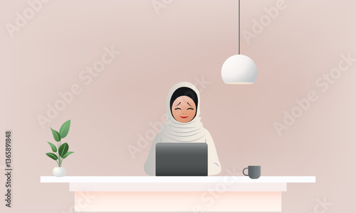 Muslim businesswoman working with a laptop in a modern office or hotel room