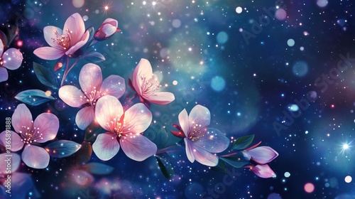 Night Blooming Flowers, Sparkling Background, Dreamy Scene, Ideal for Desktop Wallpaper