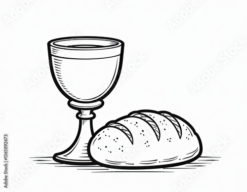 Eucharist, Holy Communion, Bread and Wine, Religious Symbol, Christian Clipart, Black and White Illustration