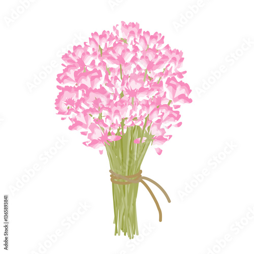 たくさんのレンゲソウを麻ひもでまとめた、ボリュームのある花束イラスト