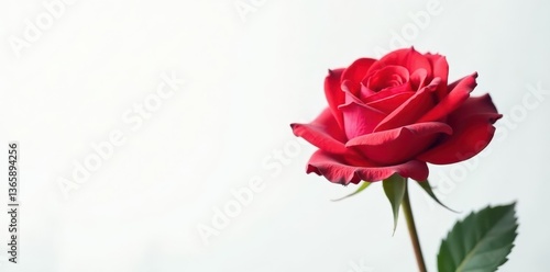 Single red rose blossom, pristine white backdrop, macro, plant