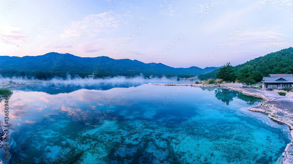 Tranquil Blue Lake Reflecting Mountains and Sky with Green Trees and a Foggy Mist in Panoramic Scenic Daylight Tranquil Blue Lake Reflecting Mountains and Sky with Green Trees and a Foggy Mist in Panoramic Scenic Daylight