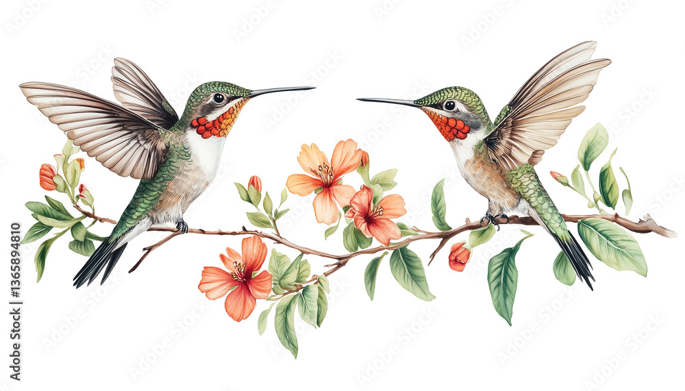 Fototapeta premium Two Hummingbirds on Branch with Peach Flowers and Green Leaves Transparent
