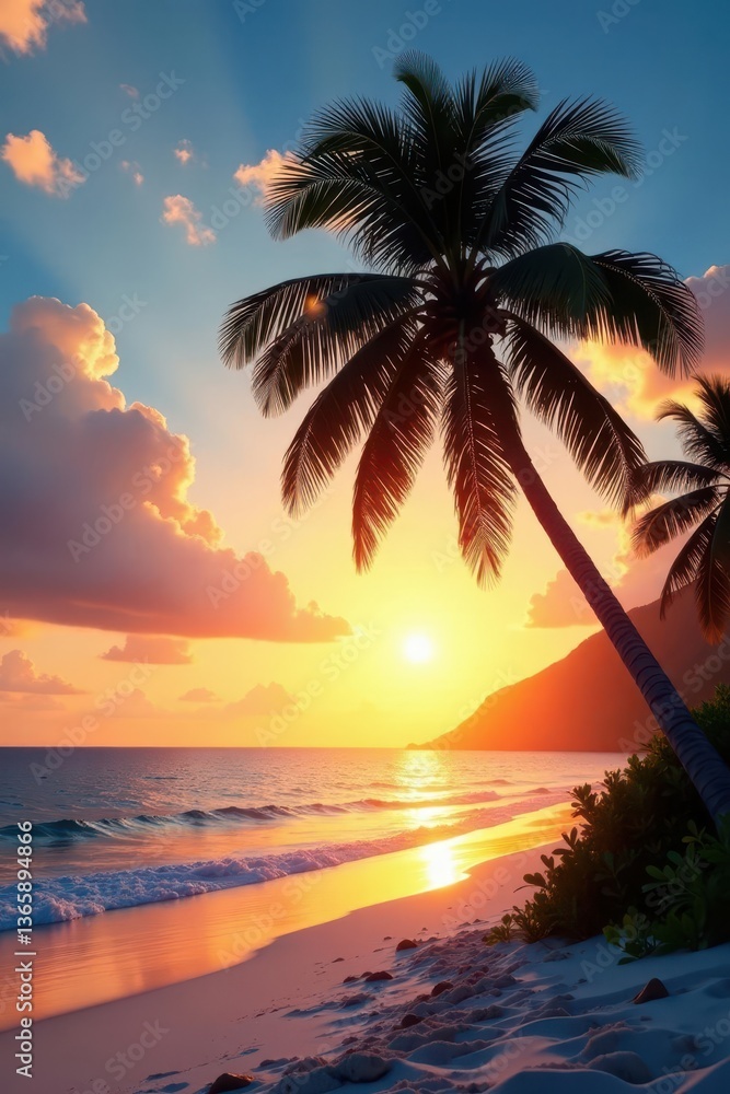 Obraz premium White sand, tall coconut palm silhouette against sunset, image, landscape