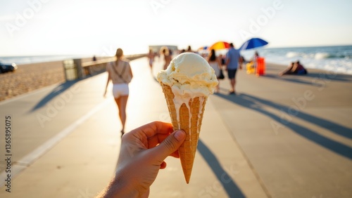 Enjoying a Creamy Vanilla Ice Cream Cone on a Sunny Beach Promenade