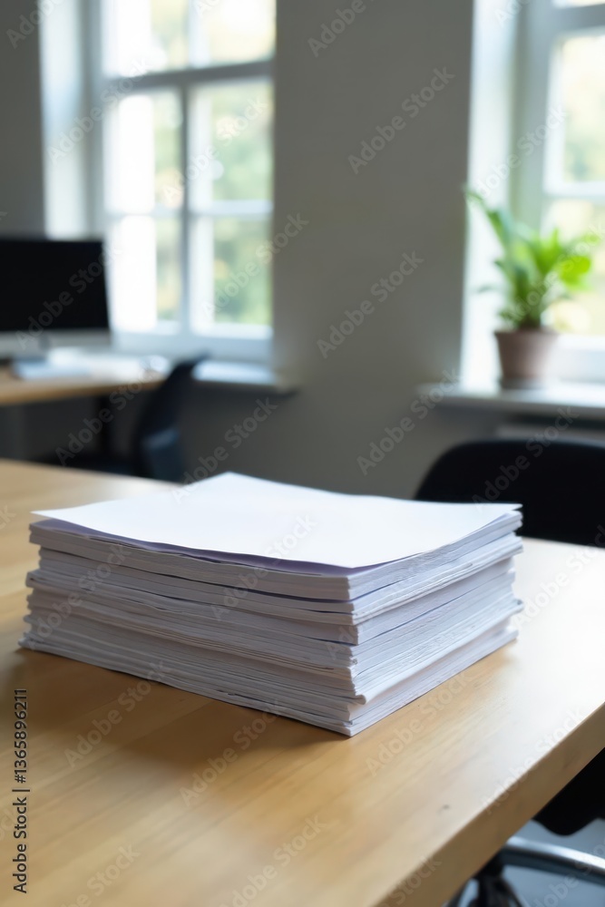 Neat document stack on minimalist desk in bright office, simple, clean lines Neat document stack on minimalist desk in bright office, simple, clean lines