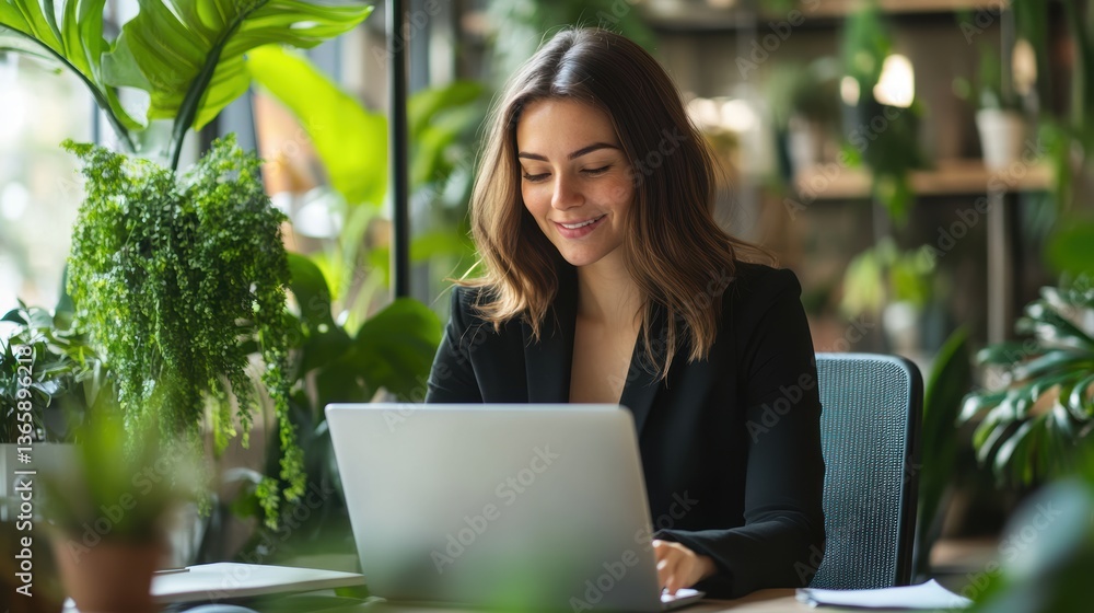 Woman working on laptop in a relaxed green environment with plants and natural light looking focused and happy Woman working on laptop in a relaxed green environment with plants and natural light looking focused and happy
