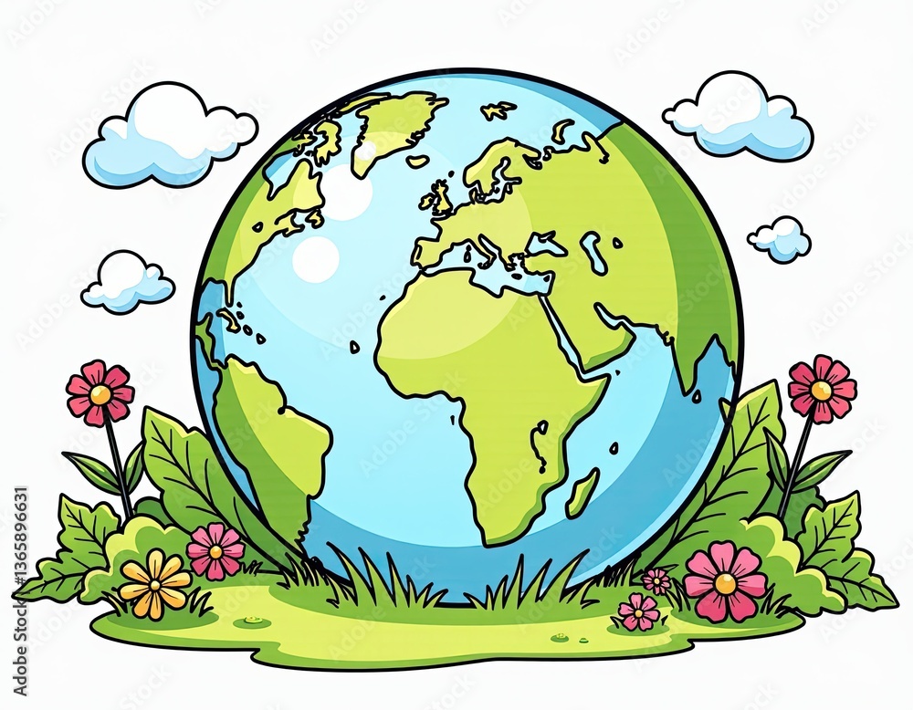 Fototapeta premium Cartoon Earth Globe with Flowers and Grass - Eco Friendly Illustration