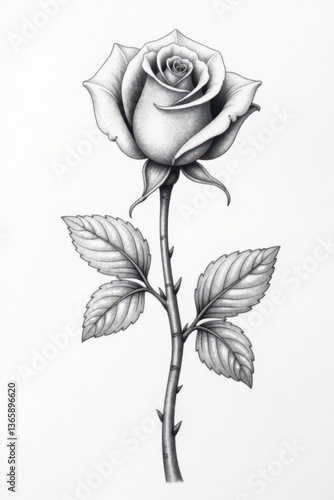 Single rose flower, stem, leaves; black and white line art, simple contour drawing, blossom, isolated, flower
