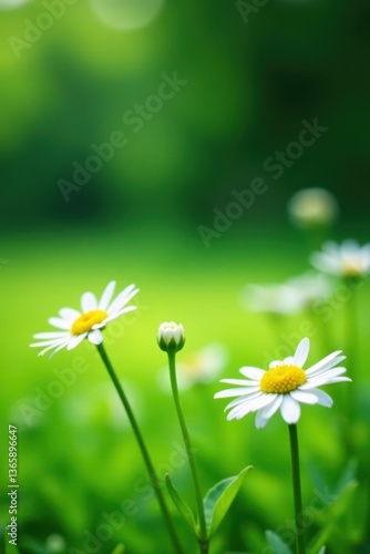 Soft green grass, vibrant white daisies, blurred background, wallpaper, floral, leaves