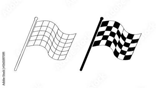 Race Flags Icons Set, Checkered Black and White Flags for Racing Events, Automotive Sport, Victory Flags, Fast Speed and Motorsport, Vector Icon Pack for Competition Racing
