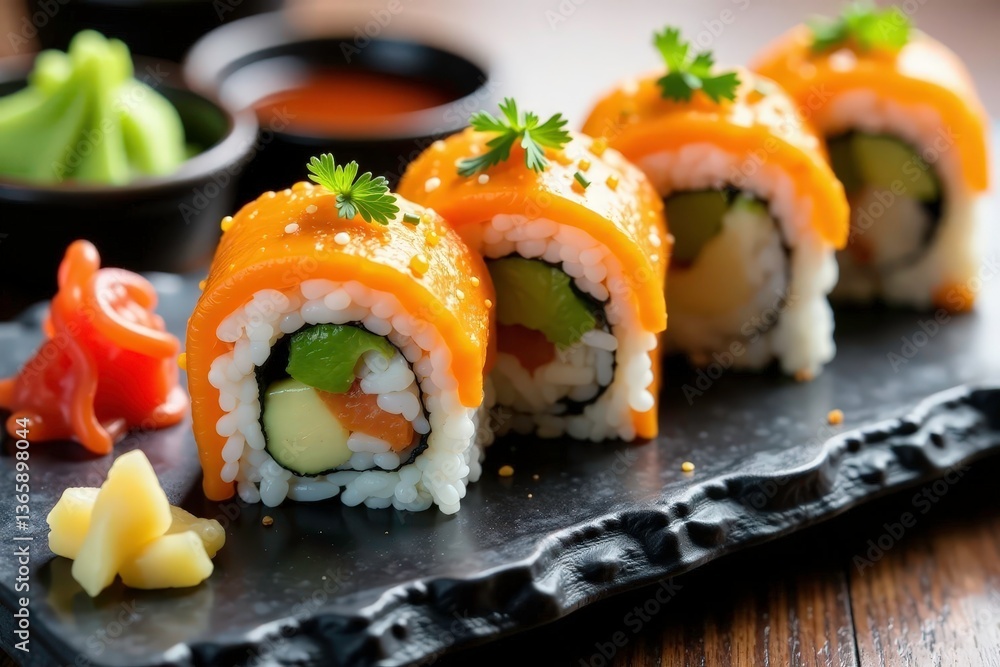 Various sushi rolls, soy sauce, wasabi, ginger, diet, food, soy Various sushi rolls, soy sauce, wasabi, ginger, diet, food, soy