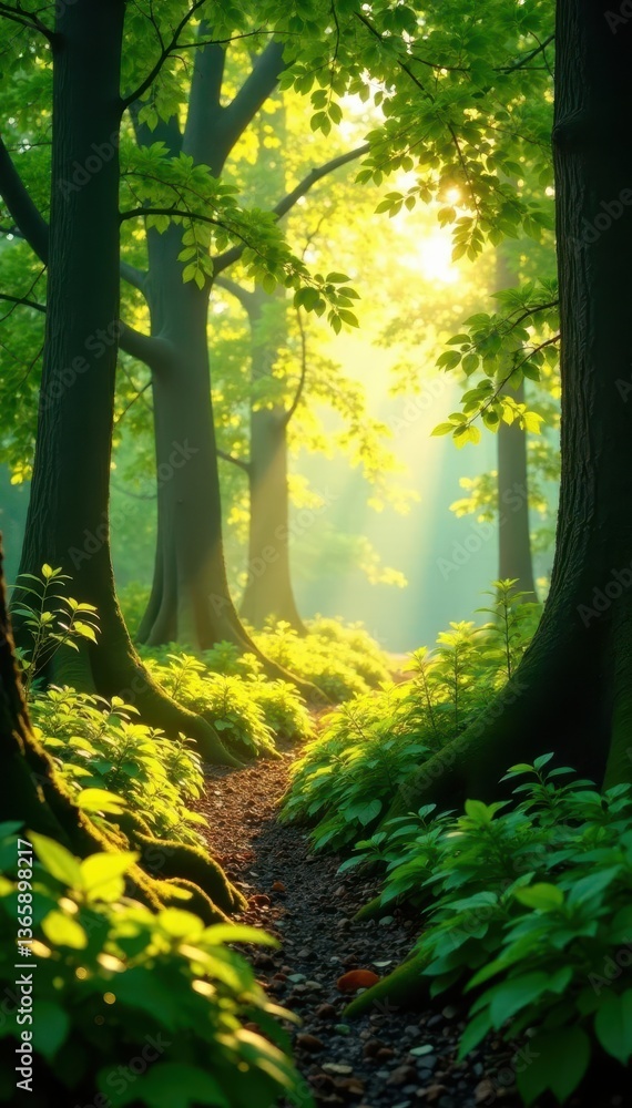 Naklejka premium Golden sunlight dappling lush green forest floor, environment, trees, texture