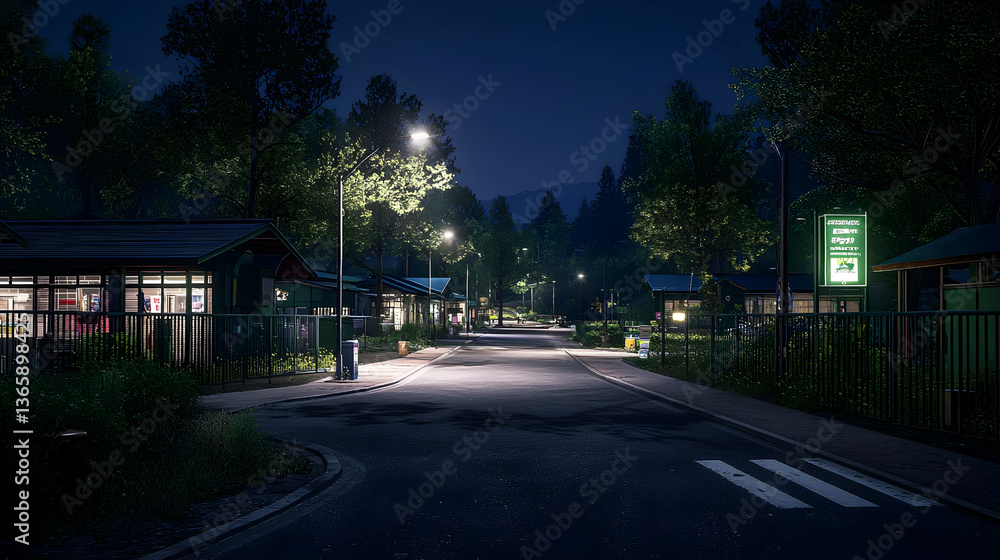 Dark Street Scene At Night With Illuminated Buildings Trees And Streetlights Along The Road Dark Street Scene At Night With Illuminated Buildings Trees And Streetlights Along The Road