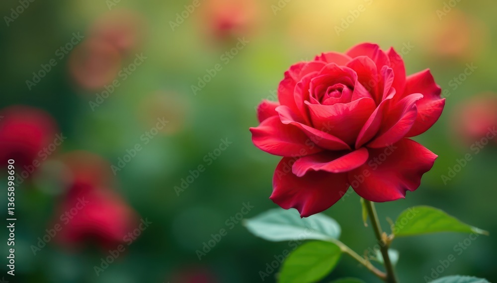 Single red rose bloom, hazy summer garden background, picturesque, soft, vibrant Single red rose bloom, hazy summer garden background, picturesque, soft, vibrant