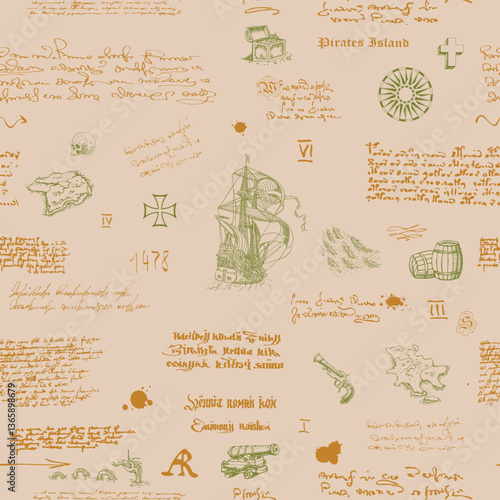 seamless texture in the style of a medieval nautical record of the captain's diary engraving sketch