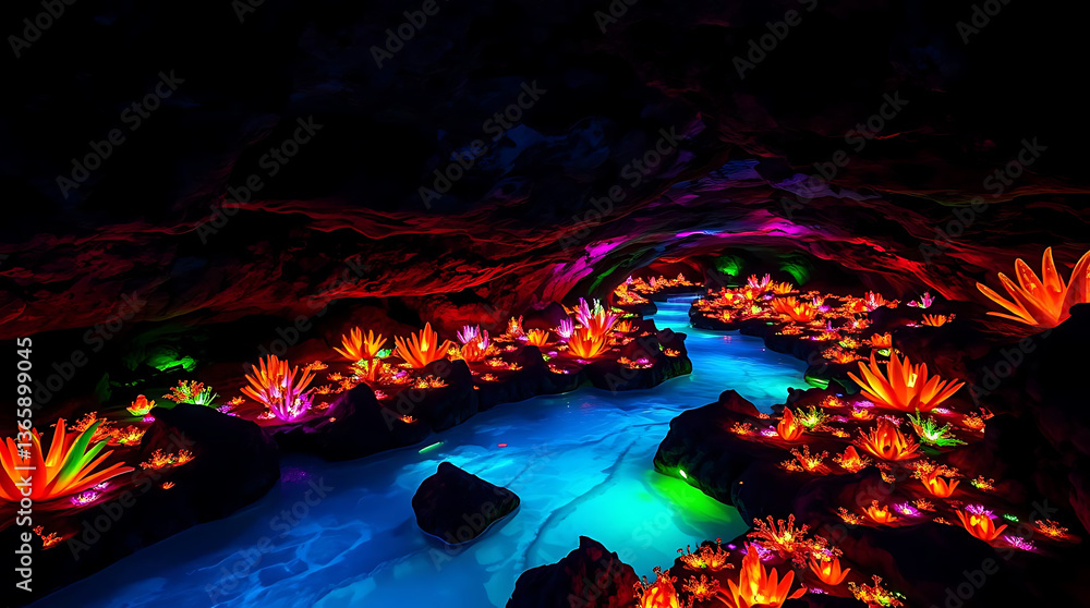 Fototapeta premium A glowing underground river winds through a vast cavern, illuminated by bioluminescent plants and crystals. The tranquil scene feels like a hidden wonder beneath the earth. Created with generative AI