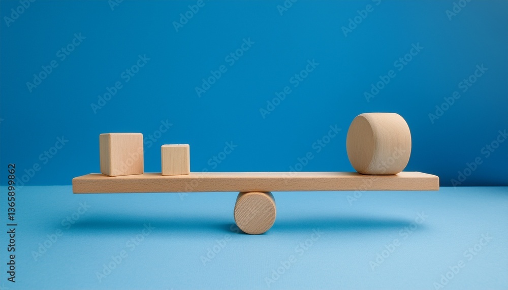 Various models balanced and aligned on a wooden seesaw