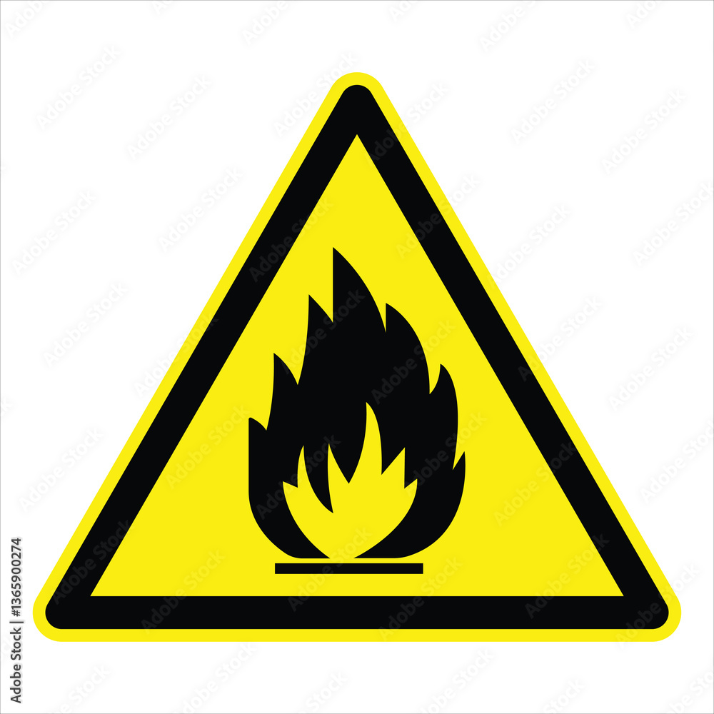 Warning sign indicating the presence of flammable materials, featuring black flames on a yellow triangular background Warning sign indicating the presence of flammable materials, featuring black flames on a yellow triangular background