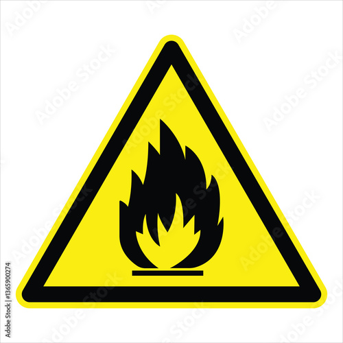 Warning sign indicating the presence of flammable materials, featuring black flames on a yellow triangular background