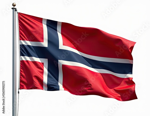 Waving Norwegian Flag, Isolated on White Background