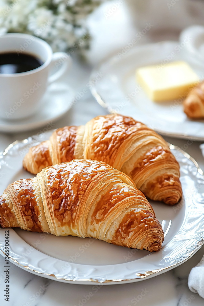 Croissants on the table for breakfast, accompanied by coffee and butter served on white ceramic plates
Croissants on the table for breakfast, accompanied by coffee and butter served on white ceramic plates