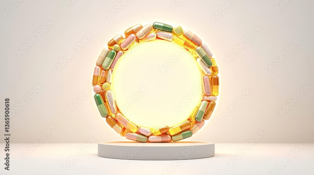 A vibrant circular display of colorful capsules illuminating a bright space, symbolizing health and wellness.
