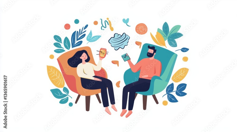 A cozy illustration of two people enjoying drinks in comfortable chairs surrounded by nature. A cozy illustration of two people enjoying drinks in comfortable chairs surrounded by nature.