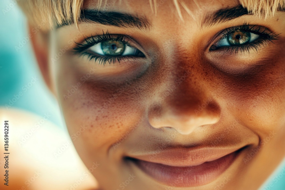 Fototapeta premium Short coiffure - blond hair. Commercial commercial concept pattern art. Lovely smiling mixed-race girl - for ads, flyer and digital use. Bold portrait concepts. Artistic african hair ads.