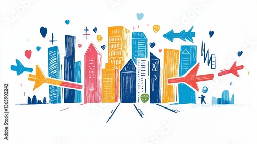 Colorful illustration of a vibrant city skyline with planes and hearts above.