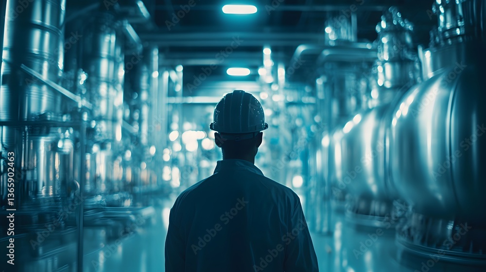Industrial Overseer: A silhouette of an engineer navigates a complex industrial facility, overseeing intricate machinery and vast infrastructure. The photograph highlights technological precision. Industrial Overseer: A silhouette of an engineer navigates a complex industrial facility, overseeing intricate machinery and vast infrastructure. The photograph highlights technological precision.