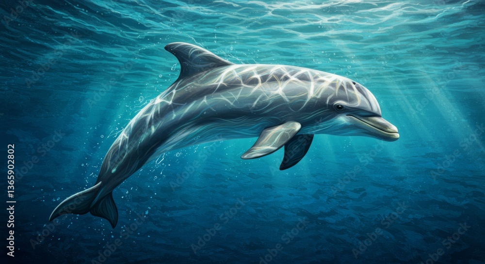 Dolphin swimming gracefully through ocean waters illuminated by sunlight Dolphin swimming gracefully through ocean waters illuminated by sunlight