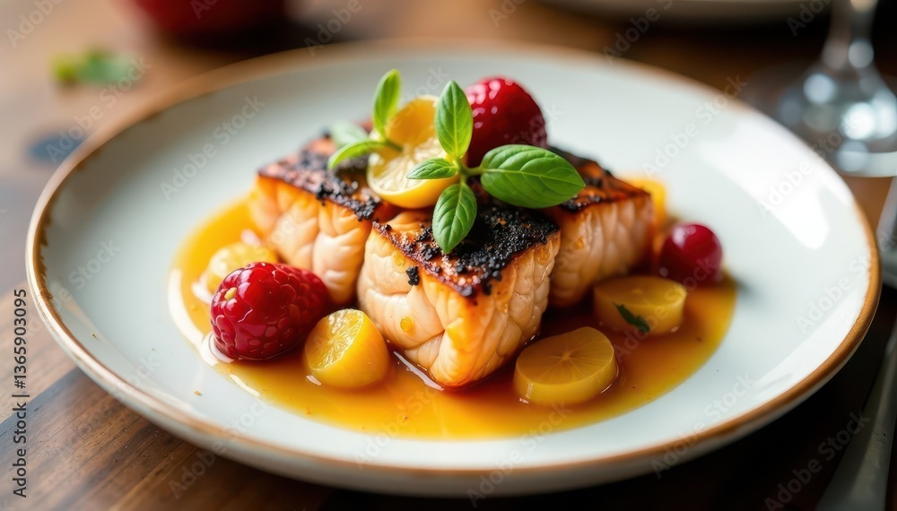 Grilled salmon with seasonal fruit and sauce, elegant plating, healthy, preparation, spring Grilled salmon with seasonal fruit and sauce, elegant plating, healthy, preparation, spring