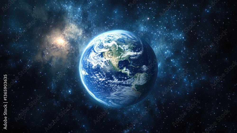 Earth floating in space, with the sun illuminating its thin, glowing blue atmosphere