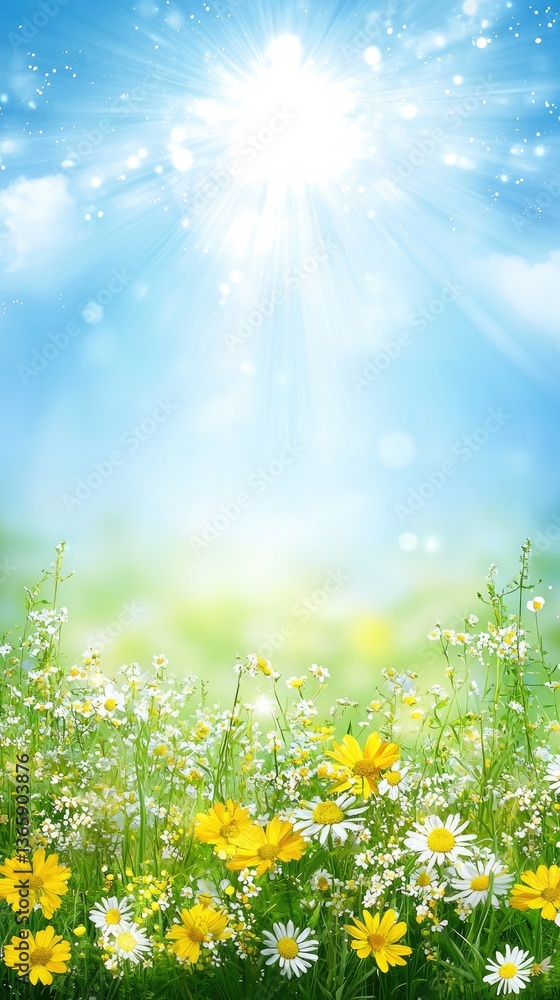 Obraz premium Sunny meadow flowers, beautiful springtime, vibrant outdoors, perfect for backgrounds, springtime images, use in posters, etc.