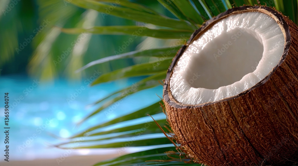 Fresh coconut resting on tropical palm leaves near a serene blue pool in a sunny environment Fresh coconut resting on tropical palm leaves near a serene blue pool in a sunny environment