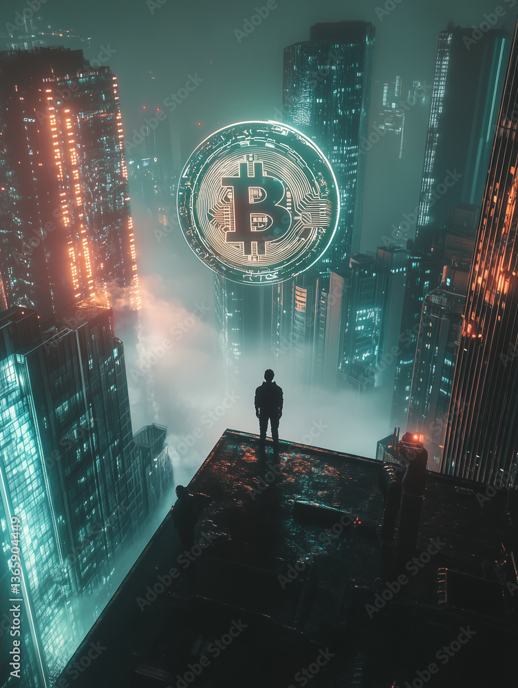 Obraz premium Solitary investor gazing at a towering bitcoin symbol while overlooking a futuristic cityscape