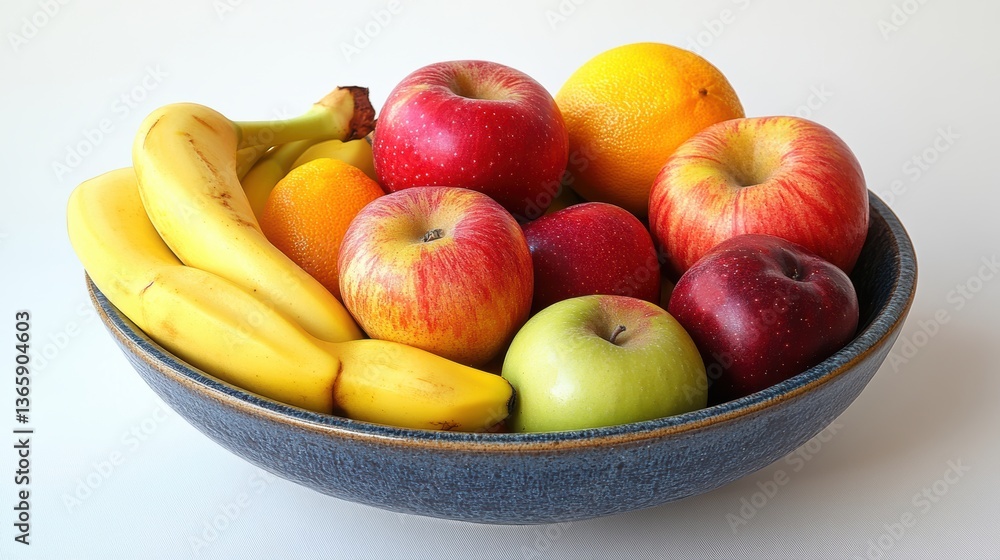 A fresh bowl of mixed fruits, including apples and bananas, on a white background A fresh bowl of mixed fruits, including apples and bananas, on a white background