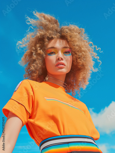 A joyful woman with curly hair soaking up the sunshine on a summer vacation, embracing the warmth and carefree spirit of the day.