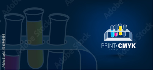 Logo cmyk theme. Beaker with ink. Template design vector.Black background.