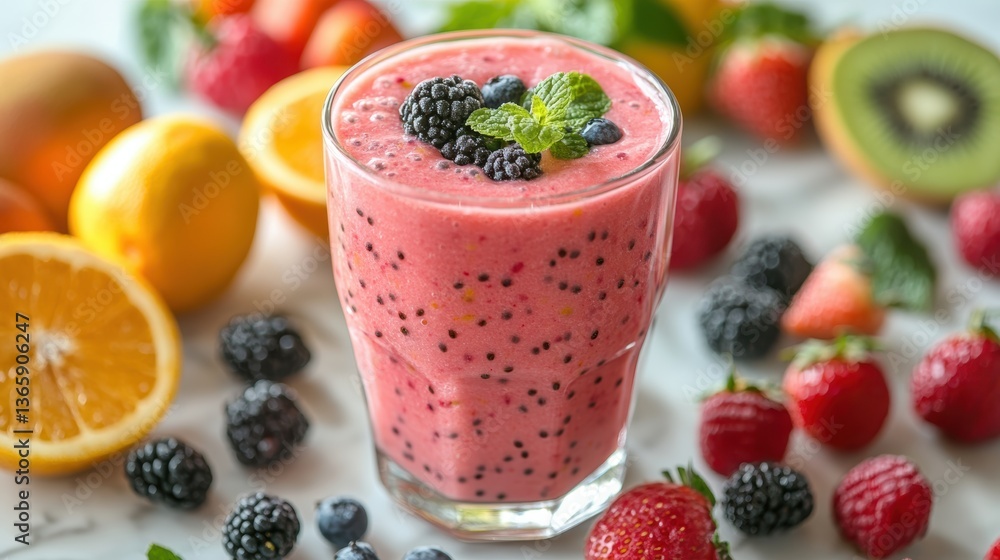 A healthy smoothie in a glass with fruits around, on a white background A healthy smoothie in a glass with fruits around, on a white background