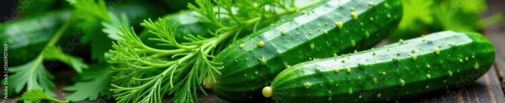 Crisp cucumbers & vibrant dill sprigs, ready for culinary use , kitchen, spice Crisp cucumbers & vibrant dill sprigs, ready for culinary use , kitchen, spice