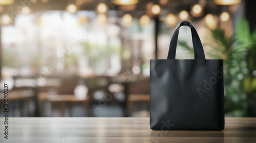 Wallpaper Mural Black cotton tote bag with handles placed on wooden surface in cafe interior. Studio mockup with blurred background. Shopping and branding concept for design and print. Front view with copy space. Torontodigital.ca